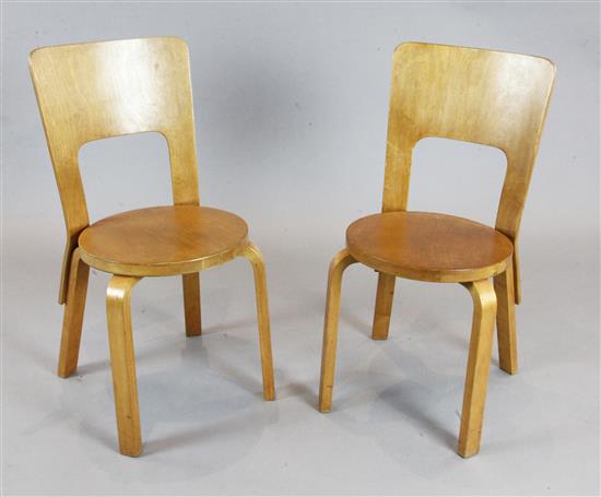 A pair of Finmar Ltd bentwood dining chairs, model 66, designed by Alvar Aalto, H.2ft 8in.